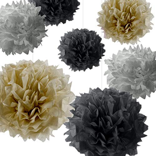 Pumpko® Decor 10 Seidenpapier Pompons | Deko für Party Hochzeit | Gold Silber Grau-Schwarz | Inklusive Ponpon PDF Aufbauanleitung