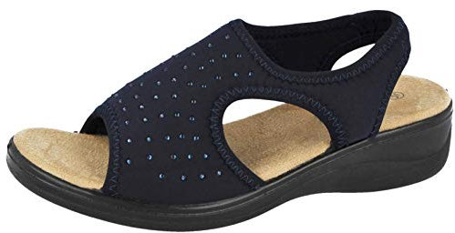 Yinka Shoes Ladies Stretch Canvas Diamante Wide Fit Lightweight Comfort Peep Toe Elastic Sling Back Flat Summer Sandals Size 3-8 (Navy, Numeric_4)