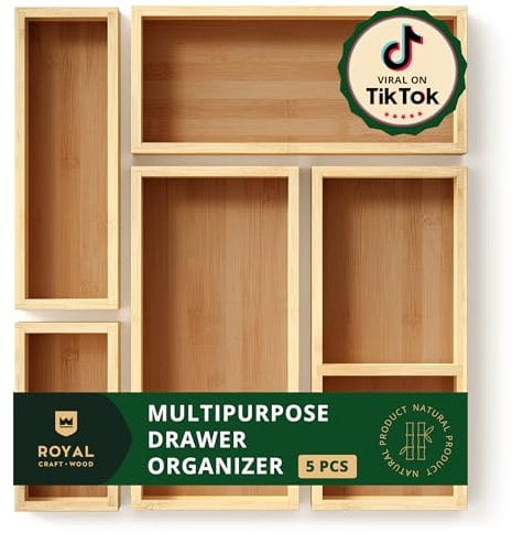 Lot de 5 boîtes de rangement en bambou multifonction, organiseur de tiroirs pour cuisine, salle de bain, bureau, maquillage, bijoux
