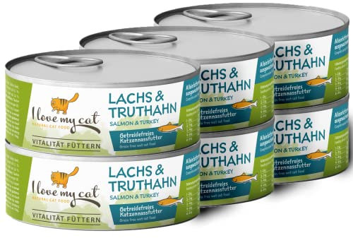 I love my cat NATURAL CAT FOOD Katzenfutter Nass mit Lachs und Truthahn Frei von Getreide und Anderen Ungeeigneten Inhaltsstoffen Enthält Natürliche Zutaten für Eine Ausgewogene Fütterung 6x100g