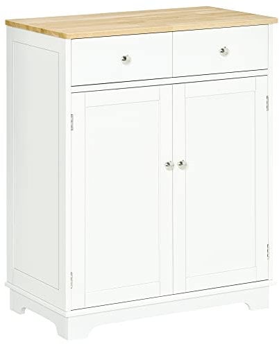 HOMCOM Kitchen Floor Cabinet Side Storage Cupboard Multi-use Sideboard Table with Solid Wood Top, Adjustable Shelf,Drawer for Dining Room, Living Room,Hallway
