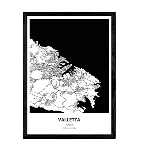 Nacnic Plakat mit Karte von Valletta - Malta. Blätter Städte in Europa mit Meeren und Flüssen in schwarzer Farbe. A4-Format