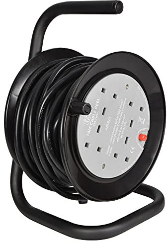 Netagon 4 Gang UK Plug 13A Extension Lead Reeler Cable Reels with Sturdy Frame Strand and Carry Handle (10m Lead Length)