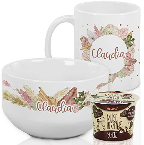 GRAZDesign Geschenkset Erwachsene Frühstücksset mit Müslischale und Tasse, Kaffeetasse, Frühstücks-Geschirr-Set, mit Namen personalisiert Blumen mit Namen, Keramik