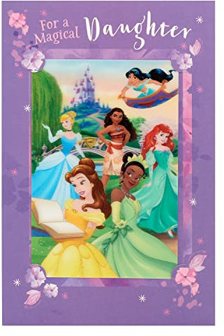 UK Greetings Disney Prinzessin Geburtstagskarte für Tochter mit Umschlag – Kinder-Design mit Aschenputtel, Belle, Arielle, Jasmin, Vaiana und Tiana