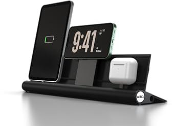 Aluminium Ladestation für iPhone 15, Tablet und AirPods, udoq 400, Schwarz, MagSafe und Schnell-Ladefunktion