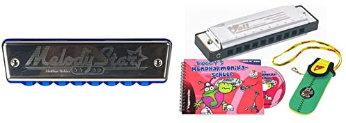 HOHNER MELODY STAR & Voggy´s Mundharmonika Set Volt-Mundharmonika C-Dur Neopren-Tasche Mundharmonika-Schule Buch CD (diatonisch, Blue Harp, Richter Modell, Metall), silber/bunt