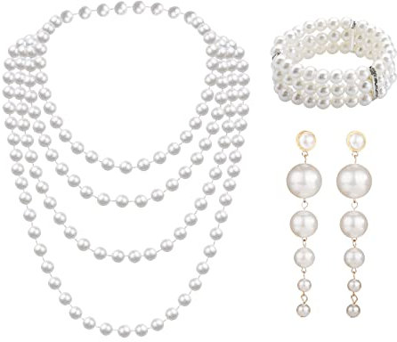 MIVAIUN 3 Stück Perlen Set mit langen Kunststoffperlen Ohrringen 3 Reihiges Stretch Perlenarmband 1920er Perlenkette 1920er Accessoires Perlen Set für Party Abschlussball Hochzeit Festival(3 Stück)