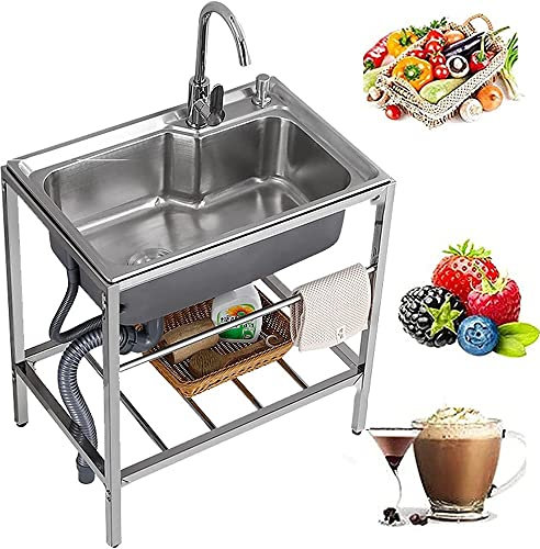 JWW Spüle Edelstahl Waschbecken Outdoor Spülbecken 1 Becken Standwaschbecken Mobiles Einzelspüle Für Wäscherei Hinterhof Garage (Color : Single Cold, Size : 48x35cm/18.9x13.8in)