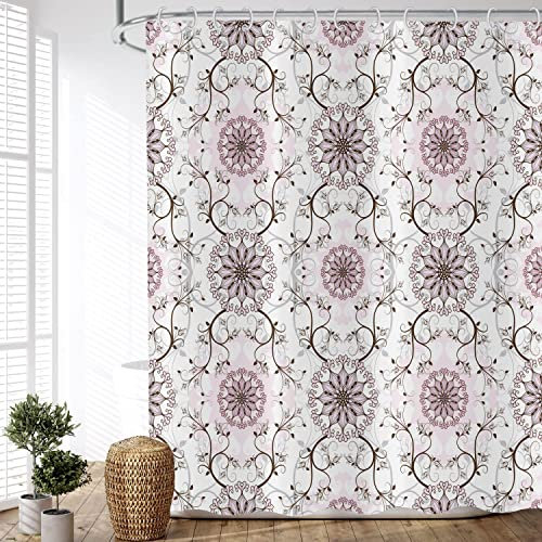 ASDCXZ Duschvorhang Boho 180x180 cm, Vintage Boho Style Rose Datura Blumen Blätter Muster Weiß Bad Waschbar Duschvorhang für Badewanne mit 12 Haken