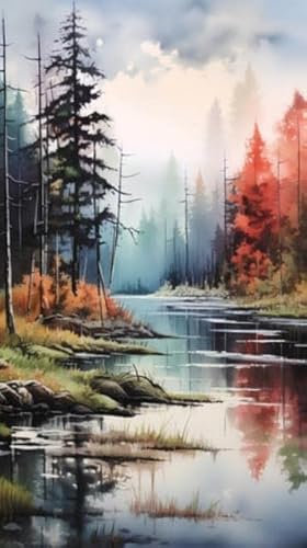 adrium Acryl-Bild 30 x 50 cm: Digitales Gemälde eines Sees im Wald mit Kiefern im Vordergrund (204000452)