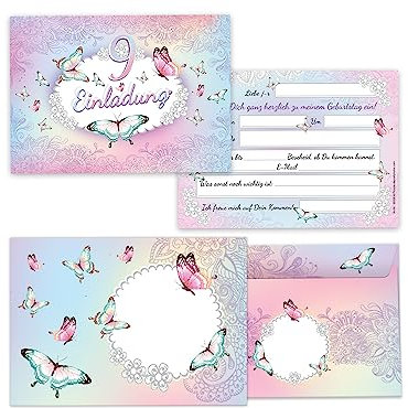 Limonia 12 Einladungskarten incl. 12 Umschläge zum 9. Geburtstag Einladung Kindergeburtstag Mädchen Schmetterling Blumen