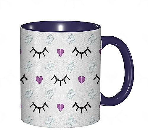 Coffee Mug Funny Mug, Eyelash Winking Eyes and Pink Hearts Romantic Pattern Cartoon Childish.Blue Fuchsia Print,Coloured Mug Cup Gift Birthday Work Office Christmas Tea Coffee