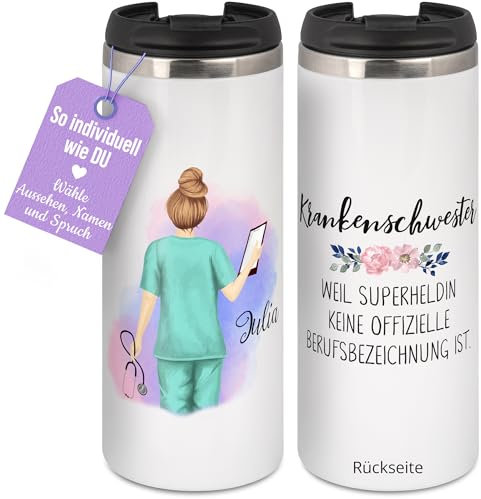 Heldentassen Personalisierter Krankenschwester Thermobecher, individuelles und persönliches Geschenk für Kolleginnen & Freundinnen in der Pflege, Kaffeebecher Edelstahl 300 ml