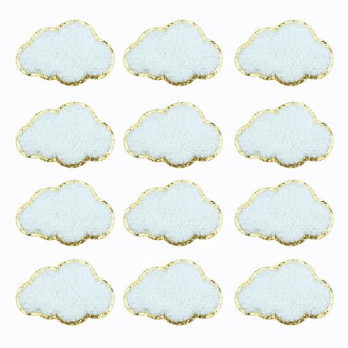 SaktopDeco 12 PCS Cloud Patch Gold Edges Cloud Applique Chenille Patches Cloud Iron On Embroidered Patches for DIY Repair Clothing