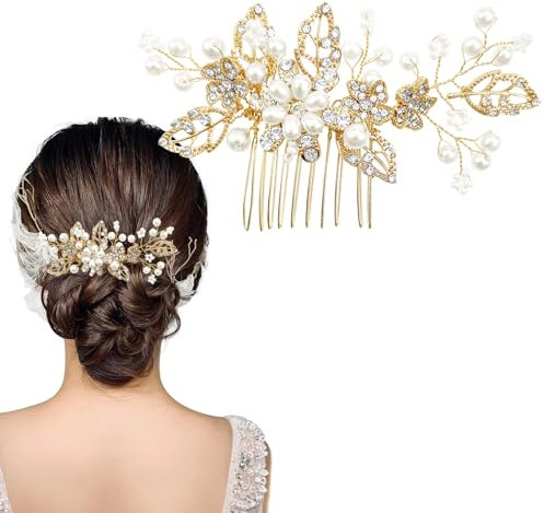 Gold Crystal Bridal Wedding Hair Comb,Bride Wedding Hair Vine Hair Piece Flower Crystal Headpiece Sparkly Pearl Rhinestone Hair Accessories for Women and Girls