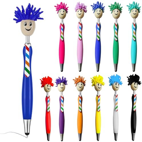 HOMURY Pack of 12 Ballpoint Pens, Microfibre Screen Cleaner Pens, Funny Retractable Ballpoint Pens, Mop Head Topper Pens, Creative Ballpoint Pen Gift for Adults Children (12 Colours)