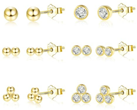 Kleine Gold Ohrstecker und Ohrringe Set für Damen und Mädchen - 6 Paar 14K Gold Ohrstecker mit Zirkonia Kugeln für mehrere Piercings