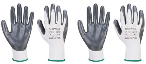 Portwest A310 Abrasion Resistant Flexo Grip Nitrile Glove Grey/White, Medium (Pack of 2)