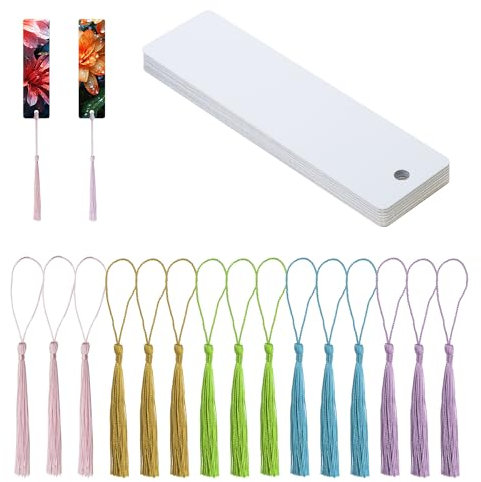 PPhtony Segnalibri vuoti a sublimazione, 15 pezzi, in metallo a trasferimento termico, con 15 nappe colorate in seta, per compleanni, matrimoni, progetti fai da te e etichette regalo (3,2 x 12 cm,