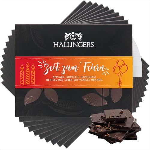Hallingers Genuss Manufaktur Vegane Schokolade Glückwunsch-Geschenk - Tafel handgeschöpfter Edelkakao ohne Alkohol edler Karton 10x Zeit zum Feiern Vanille-Orange, Geschenkidee für Frauen Männer