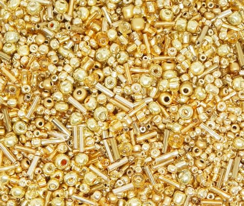 Perlin Rocailles Glasperlen Indiander Saatperlen Pony Perlen 2mm 3mm 4mm Rund Gemischte Größen Farbe Mix Seed Beads 3000 Stk (Gold)