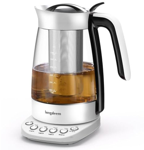 LONGDEEM - Wasserkocher aus Glas mit Teesieb, 1,7 l schnelles Kochen, Edelstahl, Teemaschine mit Temperaturkontrolle, Nicht-BPA, einfaches Herausnehmen des Deckels und Haltefunktion