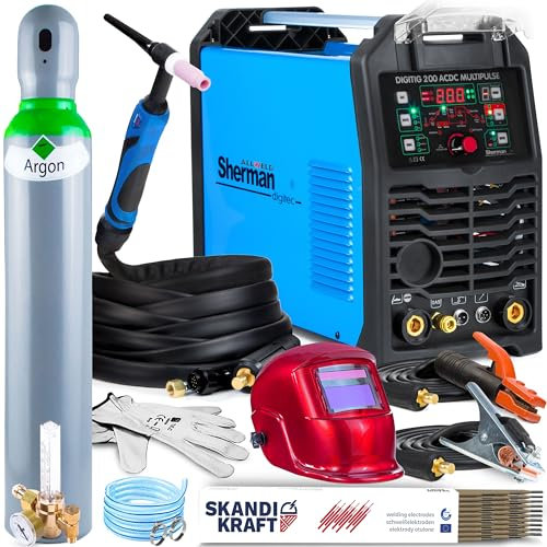 Sherman DIGITIG 200 AC/DC Multi-Puls - 200A WIG Schweißgerät AC DC - HF-Zündung, Auswahl der AC-Wellenform - mit Punktschweißen & Kaltschweißen - Preflow & Postflow - MMA - Set:ProfessionalPlus
