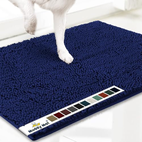 Muddy Mat® AS-SEEN-ON-TV Highly Absorbent Microfiber Dog Door Mat and Pet Rug, Non Slip Thick Washable Area and Bath Mat Soft Chenille for Kitchen Bathroom Bedroom and Indoor- Navy Blue Medium 30X19