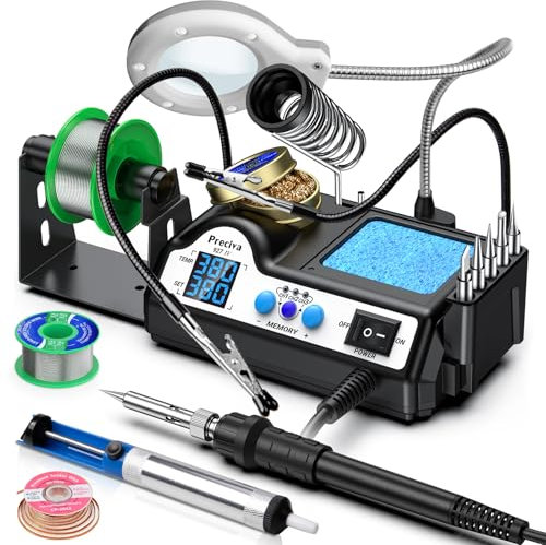 Fer a Souder, Preciva 927IV Station de Soudage avec Loupes et Deux Clips Auxiliaires, 130W Double LCD 90-480℃ Ajustable, Fers à Souders Etain avec 5 Têtes, Fonction Sommeil et Contrôle du Thermostat