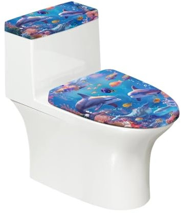 ZUXONGSY Ocean Toilet Tank Cover Dolphin Toilet Lid Cover and Tank Lid Cover 2 Pcs Toilet Protector Cover Stretch Toilet Tank Lid Cover Bathroom Accessories