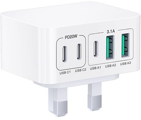 50W USB C Ladegerät, 5-Port Schnellladegerät Stecker Adapter UK, 3 USB-C und 2 USB-A Typ C Lade Stecker Hub für iPhone 15 14 13 12 11 Pro Max XS XR SE, Samsung, iPad, AirPods (HNTPD3802-1PW)