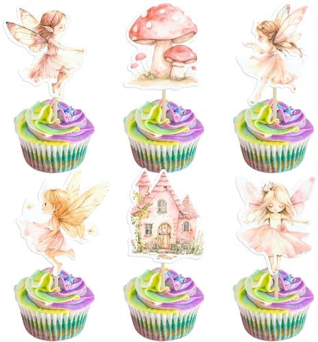 Gyufise 36Pcs Fairy Cupcake Toppers for Birthday Party and Baby Shower - Chic Flower Elves Decorations for Girls - Multi 2