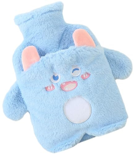 Large Hot Water Bottle - Cute Monster Animal Design for Kids, Fluffy Bag for Hand, Feet, Neck, Shoulder Pain Relief (Blue, 1000ml)