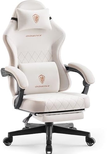 Dowinx Fabric Gaming Chair with Footrest, Ergonomic Gaming Chair for Adults, High Back Computer Chairs with Pocket Spring Cushion and Massage Lumbar Support for Office, Beige