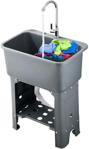 DSKJHI Fregadero De Plástico Negro/Gris - Profundo 26cm - con Grifo Y Patas para Sótano, Lavadero, Exterior, Jardín, Lavandería, Garaje(Gris,S)