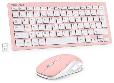 TECKNET Mini Wireless Keyboard and Mouse Set, 2.4G Cordless USB Keyboard and Silent Mouse Comb with Nano USB Receiver, 12 Multimedia Shortcuts for Computer, PC, Laptop, Desktop, Pink