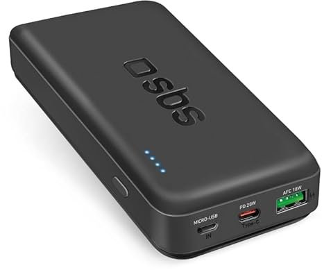 SBS PowerBank 20K FAST, 20W Power Delivery, 20.000mAh, Power Bank con Ricarica Rapida, LED di Carica, USB-C, USB-A, Caricabatterie Portatile da Viaggio, Design Compatto, Nero