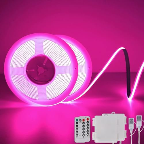 COB LED-Streifenleuchten Batteriebetrieben Mit Fernbedienung, 2M 640 LED-Lichtleiste Dimmbares Schneidbares Flexibles LED-Bandlicht Für Fernseher, Computer, Autodekoration (Rosa, 2er-Stück)