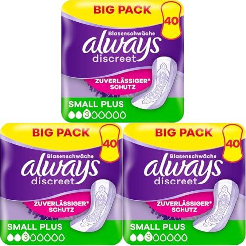 Always Discreet Inkontinenzeinlagen Für Frauen Small Plus 40 Stück Rundumschutz Unglaubliche Diskretion (Packung mit 3)