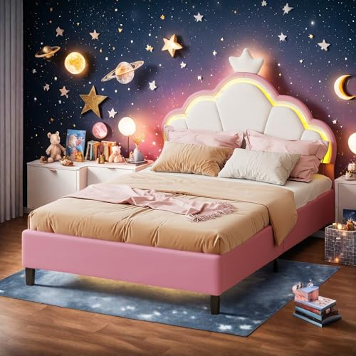 Yeutre Lit pour Enfant rembourré 90 x 200 cm Lit Princesse en Forme de Couronne avec LED Lits Simple avec tête de lit réglable et sommier à Lattes Lits Rose(sans Matelas) (Rose, 90 x 200 cm)