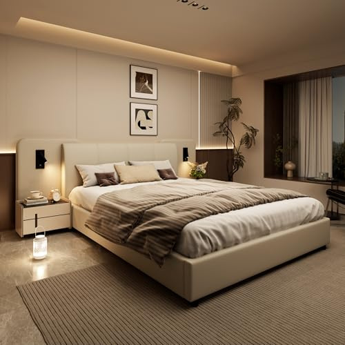 Merax 4ft6 Upholstered Double Bed with Charging Port & Lighting,135x190cm Soft Sponge Headboard, PU & Plywood Frame, Beige (No Mattress)