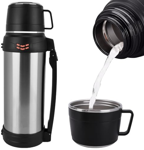 2 Liter Trinkflasche Edelstahl, Thermosflasche für Heiß Kaltgetränke | Travel Mug Large Volume, Vakuumisolierte Thermoskanne mit Trinkbecher und Griff– ideal 12h heiß & 24h kalt