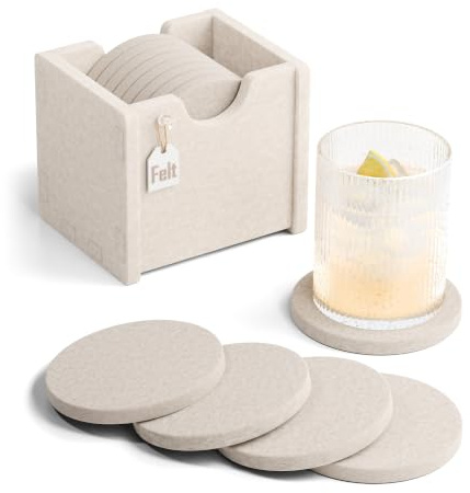 Fluxynara Felt Drink Coasters with Holder, Round, Set of 8, Oatmeal | Absorbent, Heat-Resistant & Reusable Felt Coasters for Drinks, Coffee Tables and Home Decor, Ideal for Gifting, 10 cm