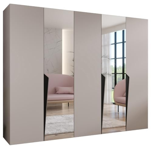 MEBLE KRYSPOL - Kleiderschrank - Garderobenschrank - 250 cm x 202 x 52 cm - Schrank mit Kleiderstange und Spiegel, 5 Türen - für Schlafzimmer, Flur - Piano, Kaschmir, Griff Schwarz