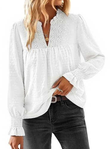 heekpek Camicia Donna Elegante Blusa Manica Lunga Scollo V (Bianco, XL)