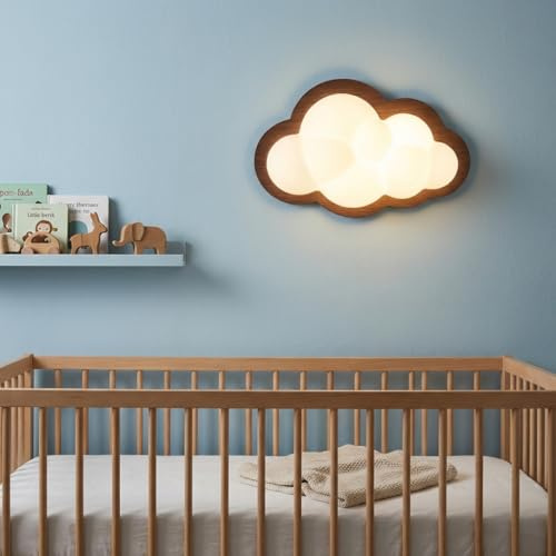 Alpinaluz Kinder-Wandleuchte in 3D-Wolkenform mit Stahlbasis in Holzoptik und integrierter LED CCT Dreifarblicht 7W für Schlafzimmer und gemütliche Innenräume
