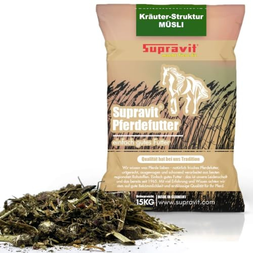 Supravit Premium Müsli Pferdefutter getreidefrei 15kg Strukturmüsli | & Pferdemüsli mit Grashäcksel, Luzerne, Kräutern, Pflanzenkohle, Leinsamen, Hanfnüssen & Roter Beete