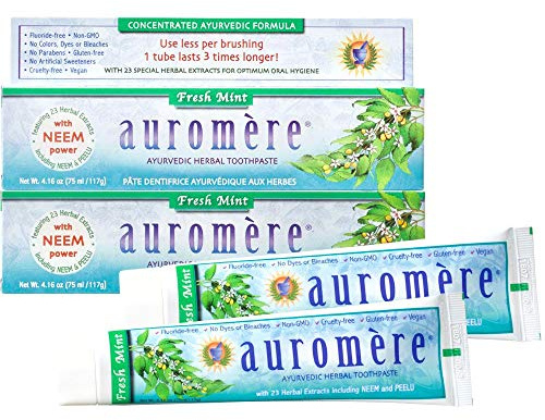 Auromere Ayurvedic Herbal Toothpaste, Fresh Mint - Vegan, Natural, Non GMO, Flouride Free, Gluten Free, with Neem & Peelu (4.16 oz), 2 Pack