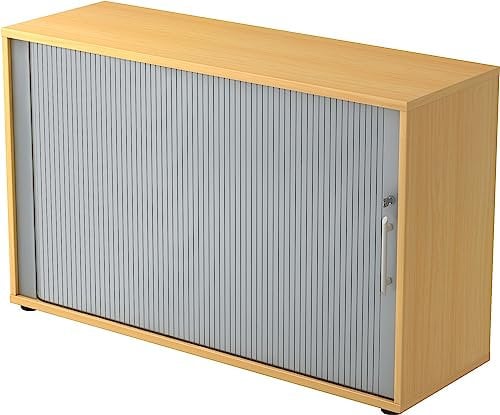 bümö Aktenschrank abschließbar mit Rollladen, Rollladenschrank für Ordner & Co. - Büroschrank mit Rollo, abschließbarer Ordnerschrank aus Holz in Buche/Silber mit Relinggriff